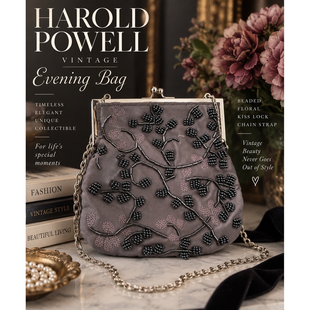 Vintage Harold Powell Beaded Evening Bag Whimsy Goth Kiss Lock Floral Purse